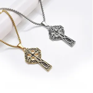 Detail view of Viking Celtic knot pendant necklaces in antique gold and silver finishes