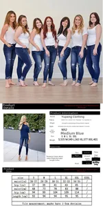 Detaillierte Größentabelle für hochelastische zerrissene blaue Jeans mit Stoffangaben