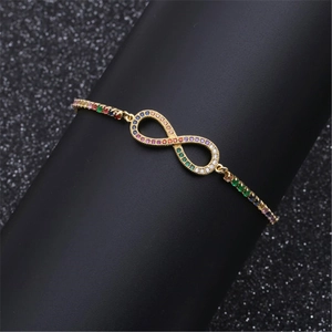 Rainbow cubic zirconia infinity bracelet in gold plating with an adjustable chain