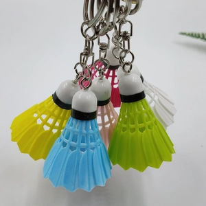 Colorful plastic badminton shuttlecock keychains in yellow blue green white and pink