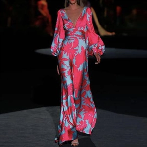 Women Elegant Deep V Neck Floral Print Maxi Dress Satin Look High Waist Lantern Long Sleeve Party Evening Dress