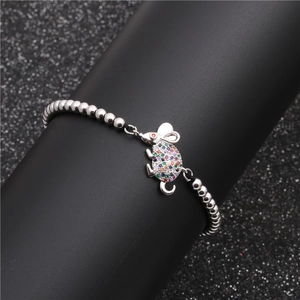 Silver bead mouse bracelet with colorful zircon pavé and red stone eyes on black base