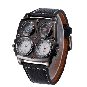 Oulm dual time zone watch with compass, thermometer and black leather strap