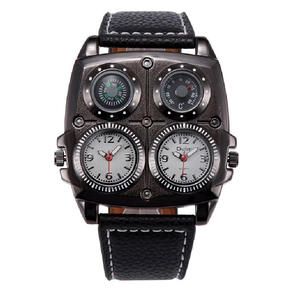 Oulm oversized dual time zone watch for men with compass and thermometer on leather strap