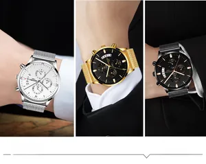 Montre à quartz business avec bracelet en maille d'acier et cadrans chronographes multifonctions