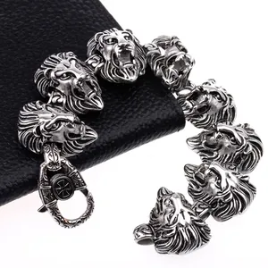 Men's wild lion head stainless steel bracelet in vintage silver with Gothic toggle clasp