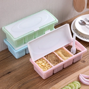 4-Grid Multi-Functional Plastic Kitchen Seasoning Box Partitioned Spice Storage Container With Spoons And Lids For Salt MSG