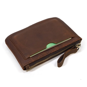 Vintage dark brown crazy horse leather coin purse with zipper and external card slots