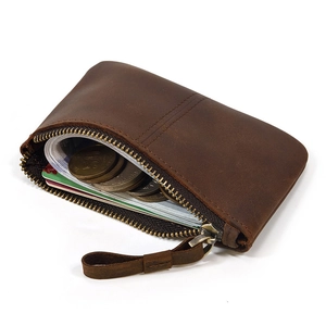 Vintage crazy horse leather coin purse with bronze zipper and large capacity for cards
