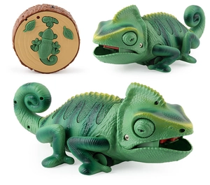 Detail of green electric chameleon toy with textured scales and tree stump remote control