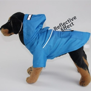 Blue pet raincoat with reflective strips for dogs visibility and waterproof fabric details