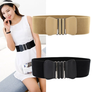 Women elastic wide waist belt with double oval buckle in black and khaki colors