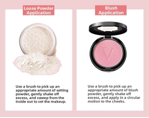 Detail of pink blush with V-embossed texture and loose setting powder in a container