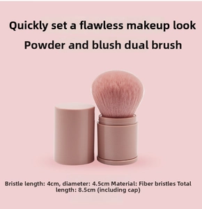 Pink retractable makeup brush dimensions showing 4cm bristles and 8.5cm total length
