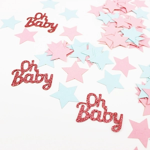 Detail of Oh Baby glitter confetti and pink blue stars for baby shower party DIY decor