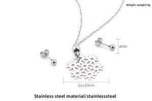 Detailed dimensions of stainless steel hollow snowflake pendant necklace and stud earrings