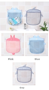 Detail showing cartoon mesh organizers in pink rabbit blue bear and grey shark designs