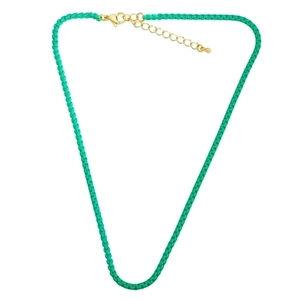 Detail of vibrant green enamel link chain necklace with gold lobster clasp and extension