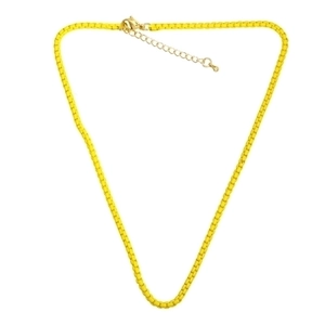 Bohemian bright yellow beaded short necklace with adjustable gold lobster clasp on white background