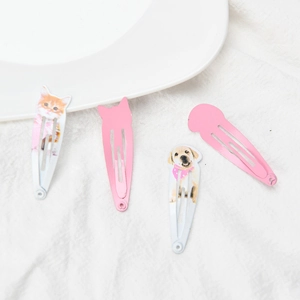 Cute cartoon cat and puppy print metal BB hair clips in pink and white set
