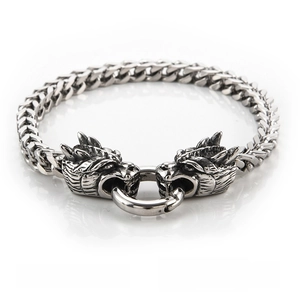 Detail of Hiphop Cuban link bracelet with dual wolf head clasp and 3A zircon stones