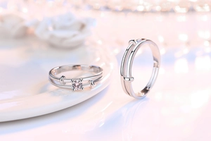 Macro view of twin silver rings featuring a four-prong set round zircon on double bands