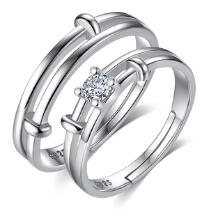 Polished S925 sterling silver couple rings with adjustable bands and a round solitaire stone