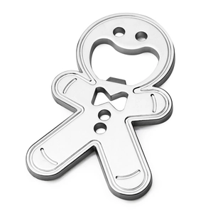 Gingerbread man shaped silver metal bottle opener keychain on a clean white background