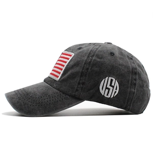 Washed dark grey cotton baseball cap with USA embroidery and American flag patch