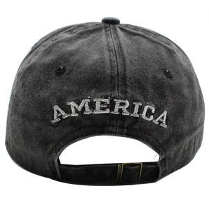 Washed grey cotton baseball cap with AMERICA embroidery and adjustable metal buckle