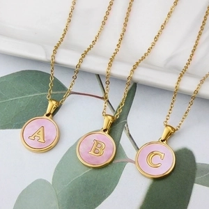 Round Initial Necklace Stainless Steel Pink Mother Of Artificial Pearl Shell Letter Pendant Gold Plated Fashion Jewelry For Women