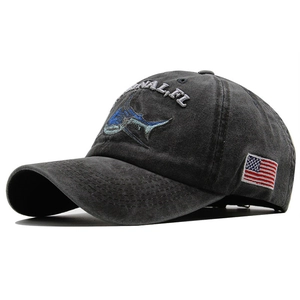Washed Cotton Baseball Cap Shark Embroidery US Flag Patch Vintage Adjustable Casual Outdoor Sun Hat For Men Women