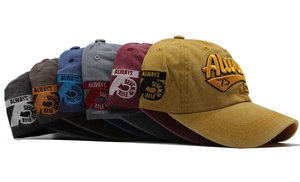 Detail of six vintage cotton baseball caps showing diverse colors and retro embroidery