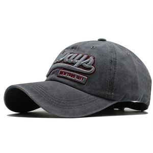 Close-up of vintage dark gray baseball cap with 3D embroidery and New York City patch