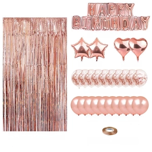Rose gold birthday party decoration set with foil balloons, confetti balloons and curtains