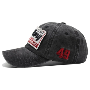 Vintage washed baseball cap in black with SE.1964 embroidery and side 49 patch