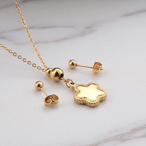 Stainless Steel Necklace And Ball Stud Earrings Gold Plated Flower Clover Star Pendant Women Fashion Simple Jewelry