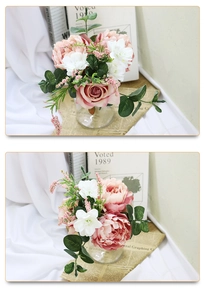 Close-up of artificial bridal bouquet with pink roses and peonies in a glass vase