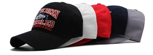 Detail of multi-color cotton baseball caps featuring high-quality 3D shark embroidery