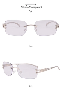Détail de lunettes de soleil sans monture argentées avec étoiles et verres violets