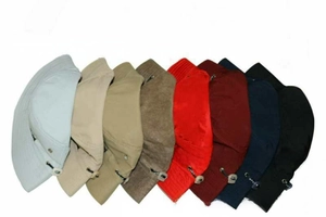 Detail of adjustable drawstring buckles on multiple colors of cotton bucket hats