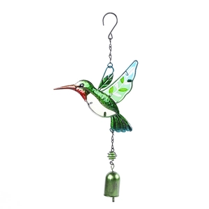 Detail view of colorful metal and glass hummingbird wind chime with a green bell