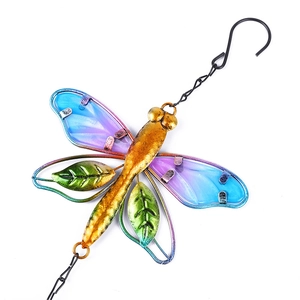 Colorful metal dragonfly wind chime hanging decoration with glass wings and gold accents
