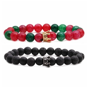 Agate and lava stone crown beaded bracelets set for couples in red, green and black