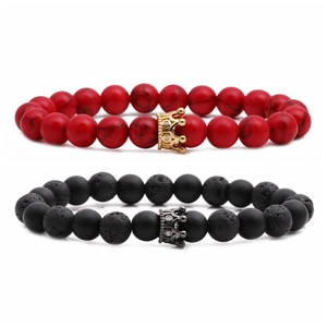 Couples crown beaded bracelets set with turquoise, matte, and volcanic lava stones
