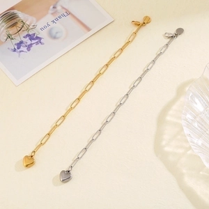 Golden and silver stainless steel heart pendant paperclip chain bracelets for women