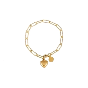 Minimalist 18K gold paperclip link bracelet with heart charm and round disc pendant