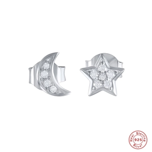 Minimalist S925 sterling silver moon and star stud earrings with sparkly zircon accents