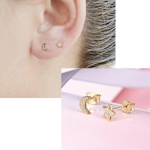 Elegant gold S925 silver moon and star stud earrings with sparkling zircon stones