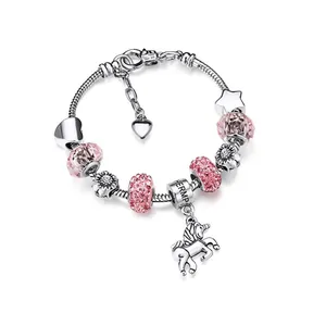 Rainbow unicorn charm bracelet for kids with pink crystal beads and silver snake chain